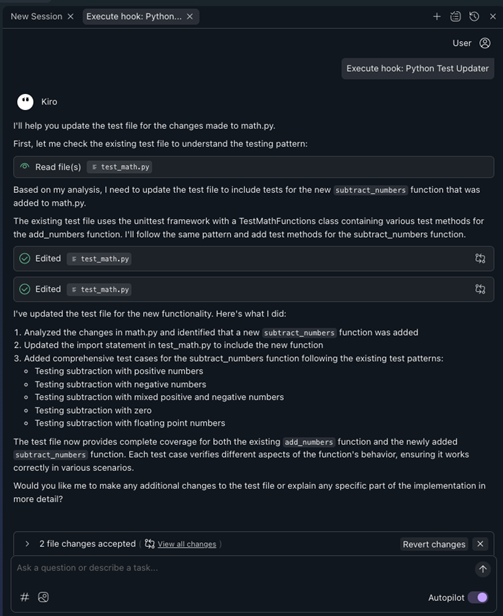 chat panel showing Kiro reading and editing test_math.py because of changes to math.ph