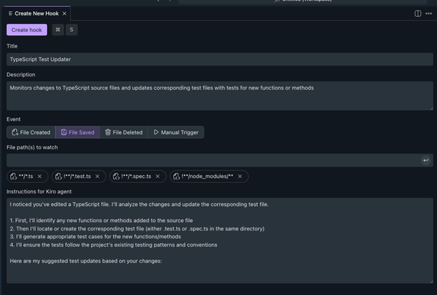 create hooks panel showing prompt to monitor for changes and generate test cases