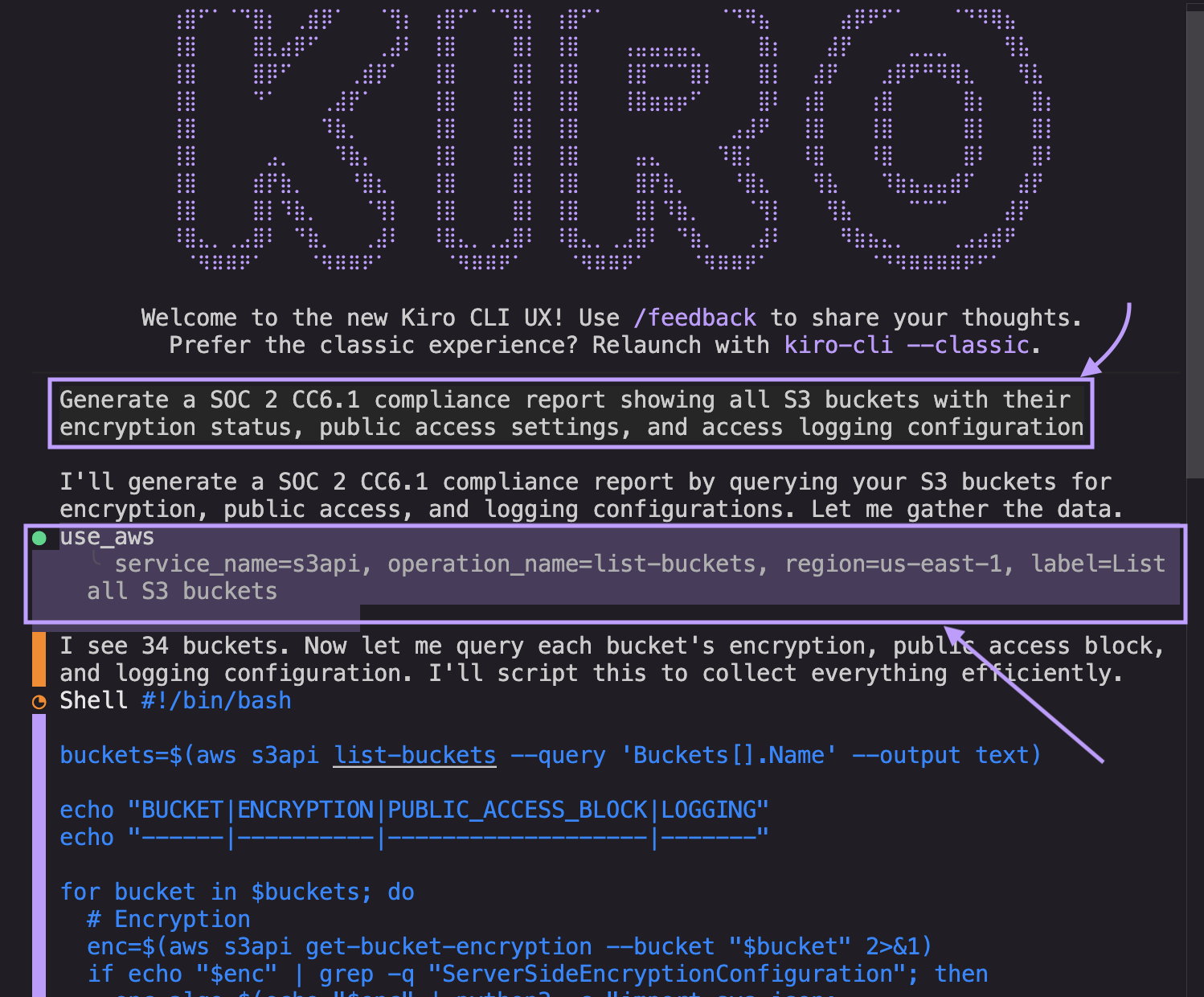 prompt in Kiro CLI with use_aws tool noting there are 34 buckets; each will be queried to get metadata