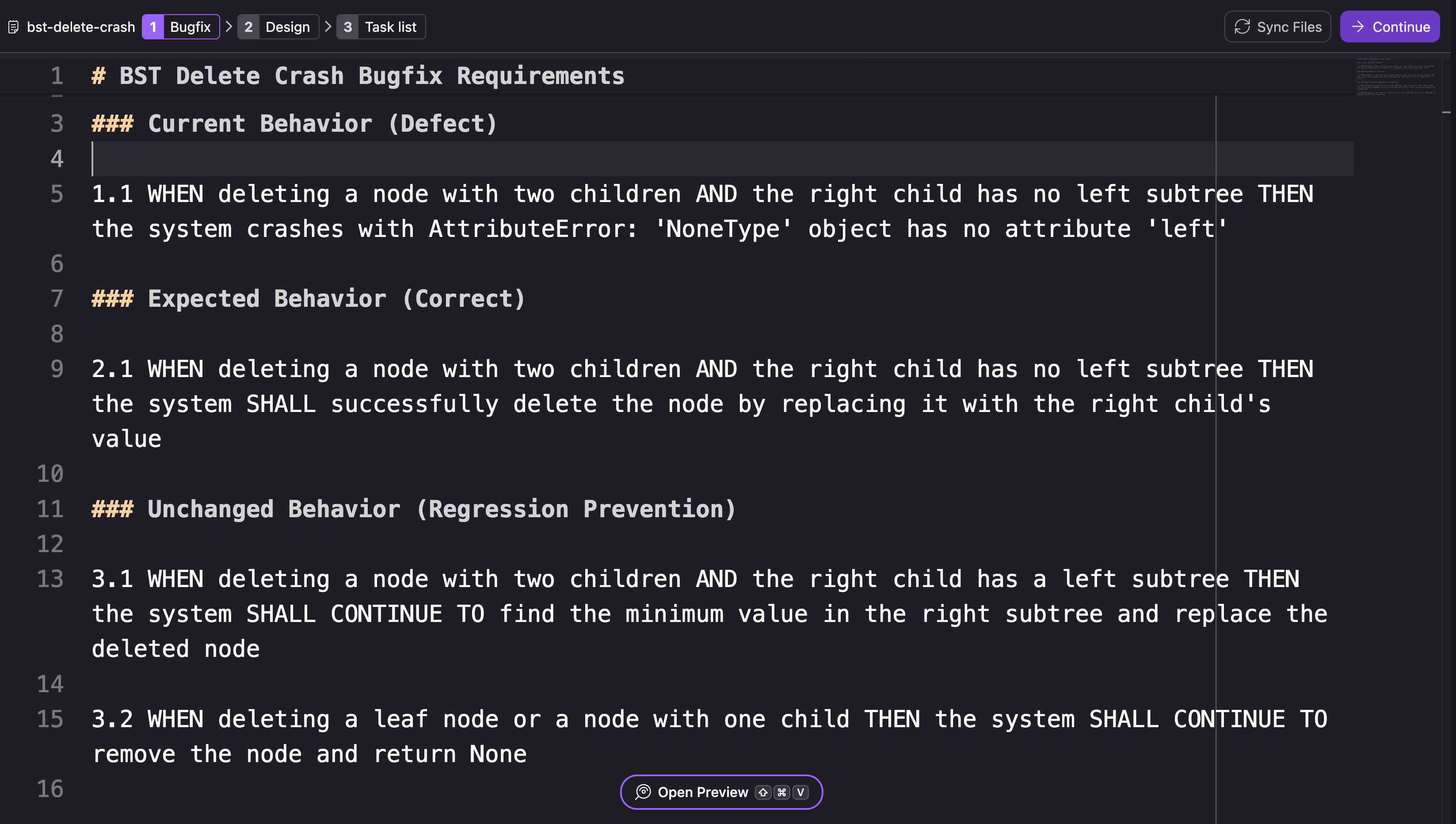 # BST Delete Crash Bugfix Requirements
### Current Behavior (Defect)

1.1 WHEN deleting a node with two children AND the right child has no left subtree THEN the system crashes with AttributeError: 'NoneType' object has no attribute 'left'

### Expected Behavior (Correct)

2.1 WHEN deleting a node with two children AND the right child has no left subtree THEN the system SHALL successfully delete the node by replacing it with the right child's value

### Unchanged Behavior (Regression Prevention)
3.1 WHEN deleting a node with two children AND the right child has a left subtree THEN the system SHALL CONTINUE TO find the minimum value in the right subtree and replace the deleted node

3.2 WHEN deleting a leaf node or a node with one child THEN the system SHALL CONTINUE TO remove the node and return None
