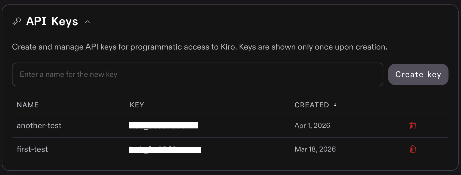 Create and manage API keys for programmatic access to Kiro. Keys are shown only once upon creation. Name, Key, Created: another-test, [redacted], Apr 1, 2026; first-test, [redacted] Mar 18, 2026.
