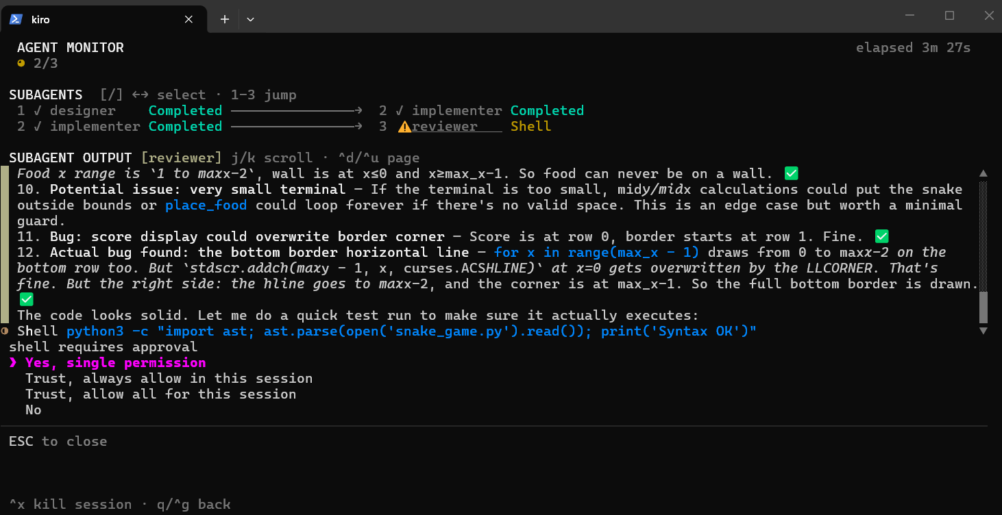 Shell python3 -c import ast; ast parse(open('snake_game.py').read()); print('Syntax OK') shell requires approval
• Yes, single permission
Trust, always allow in this session
Trust,
allow all for this session
No