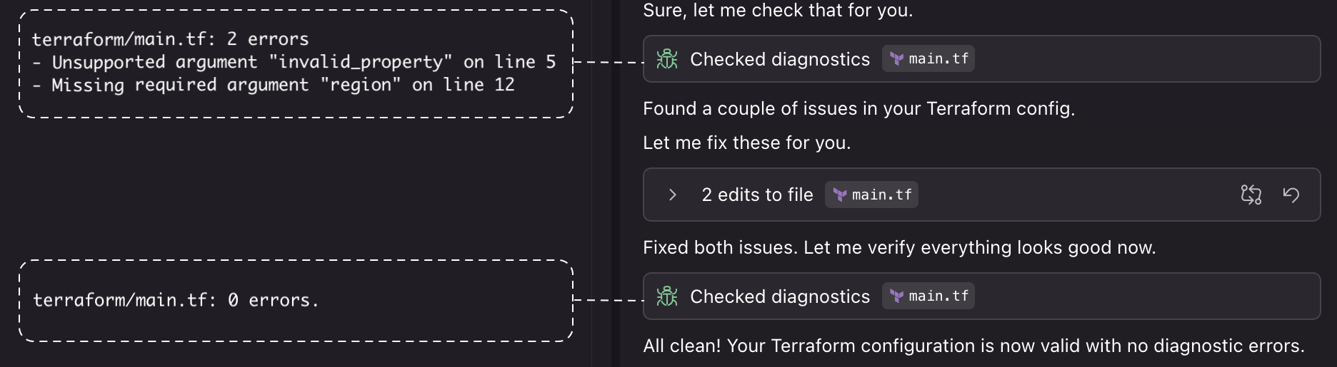 Sure, let me check that for you.
Checked diagnostics main.tf
Found a couple of issues in your Terraform config.
Let me fix these for you.
2 edits to file main.tf
Fixed both issues. Let me verify everything looks good now.
Checked diagnostics main.tf
All clean! Your Terraform configuration is now valid with no diagnostic errors.
