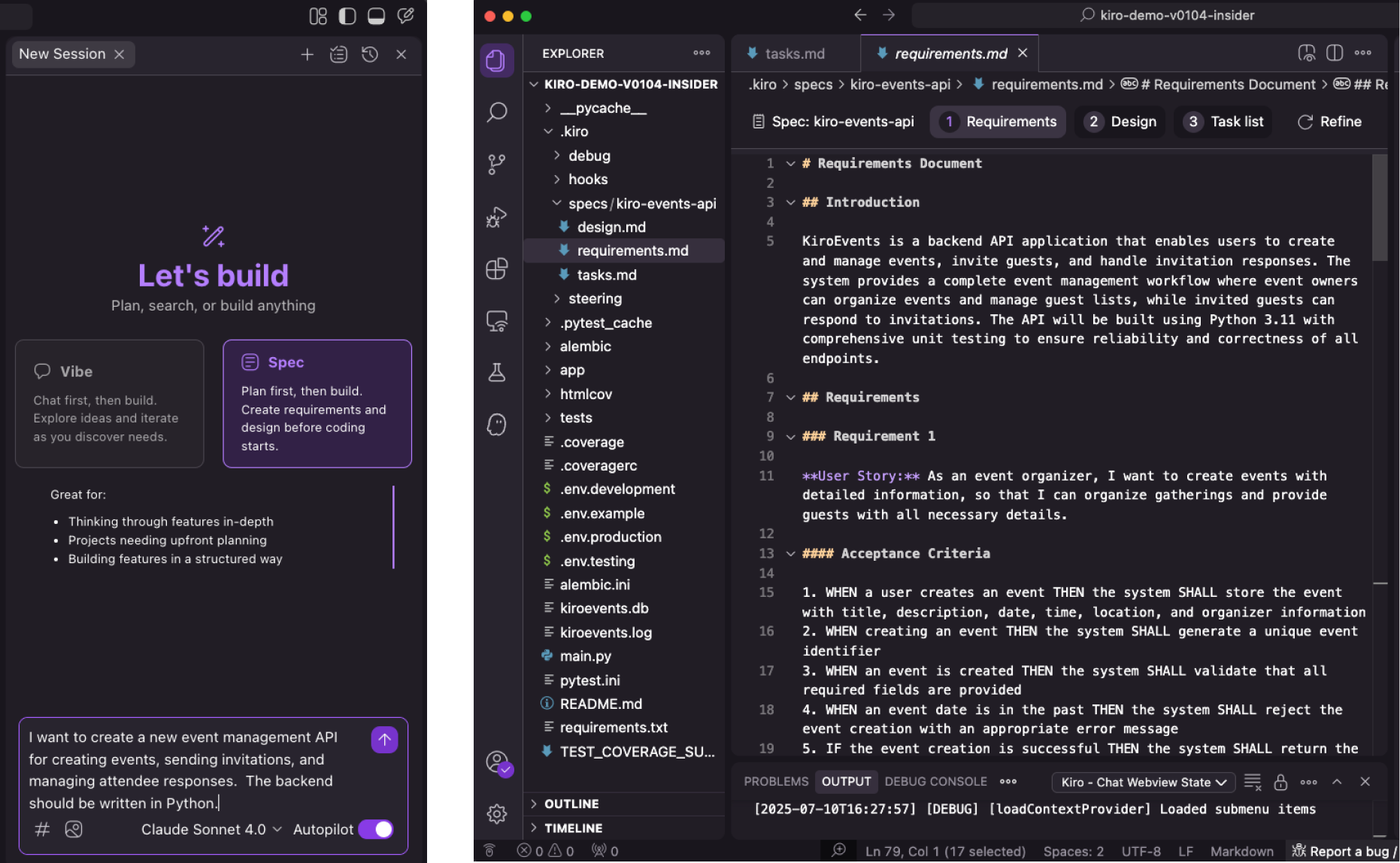 Chat panel with prompt: “I want to create a new event management API for creating events, sending invitations, and managing attendee responses. The backend should be written in Python.” next to requirements.md in code editor