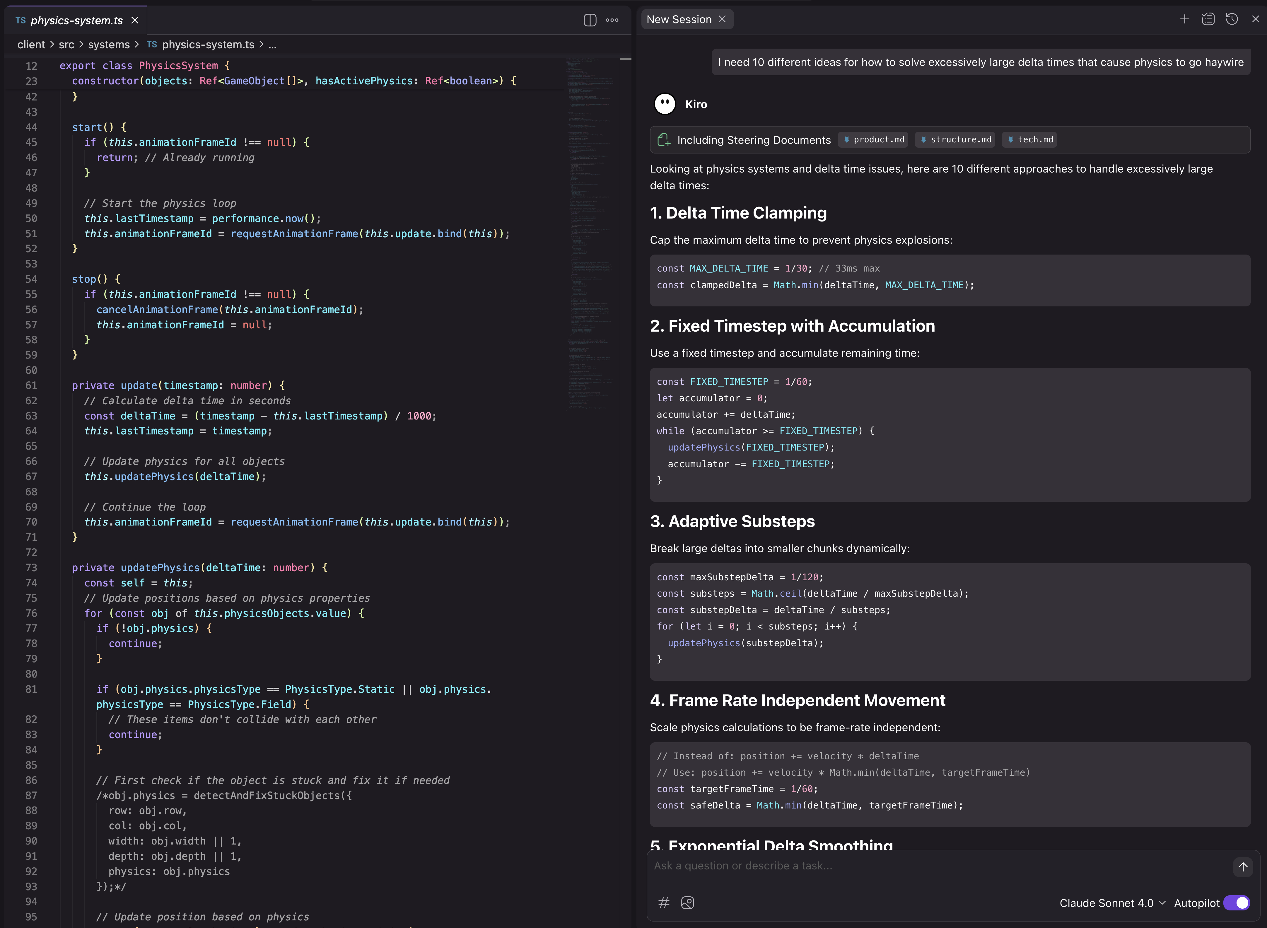 Code editor showing physics-system.ts