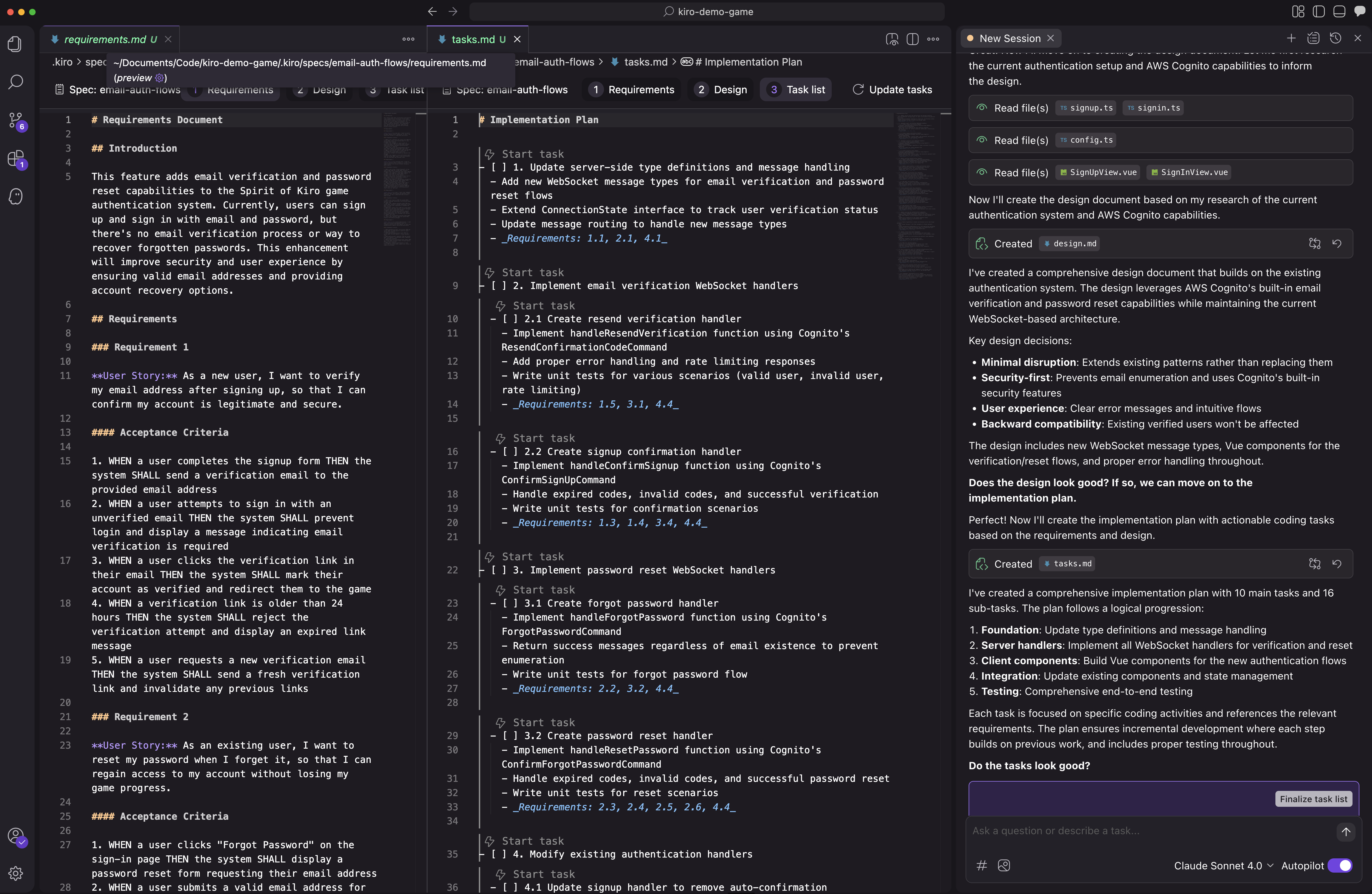 code editor showing requirements.md, tasks.md, and a chat window