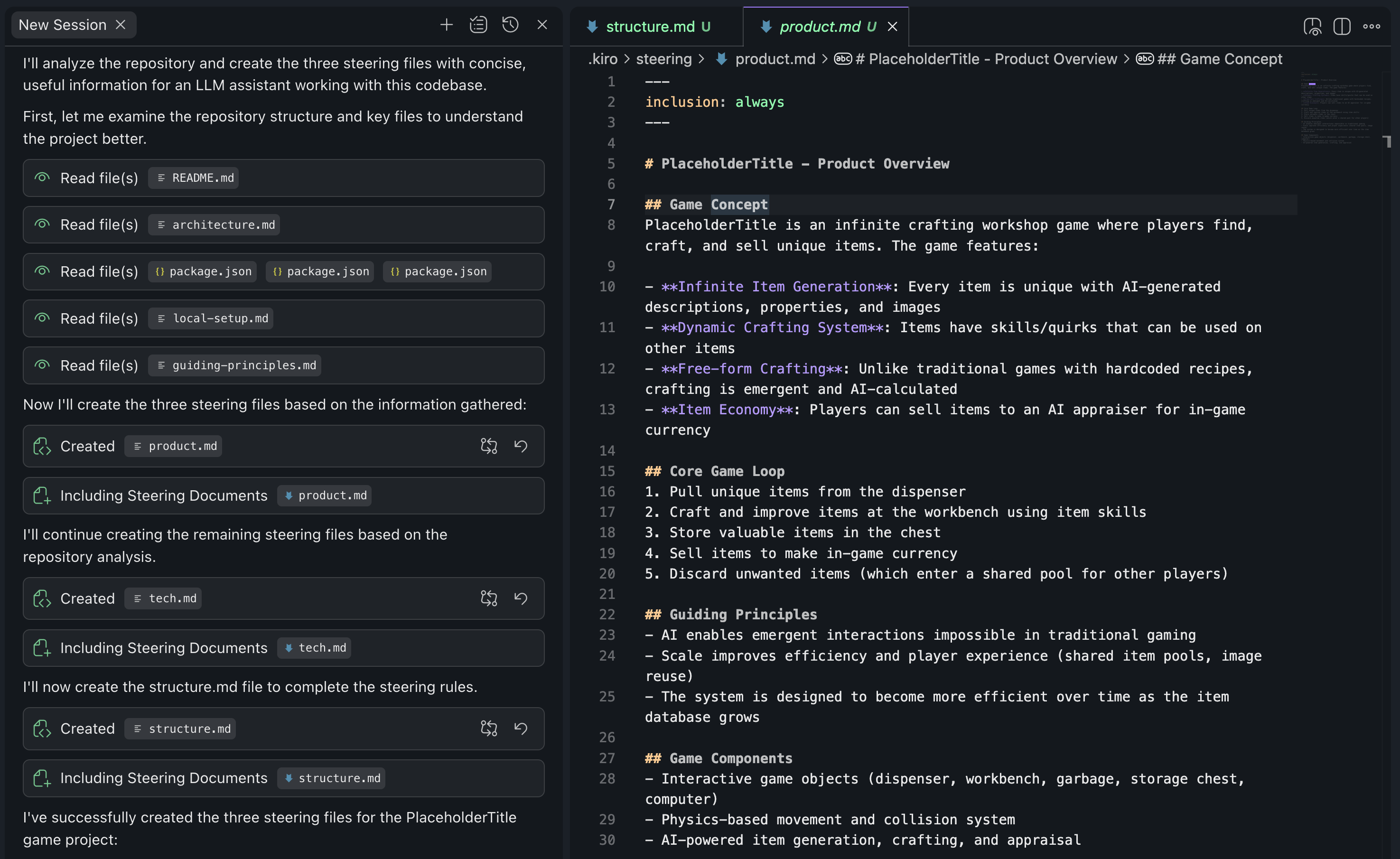 code editor showing a chat window, product.md, and, in the background, structure.md