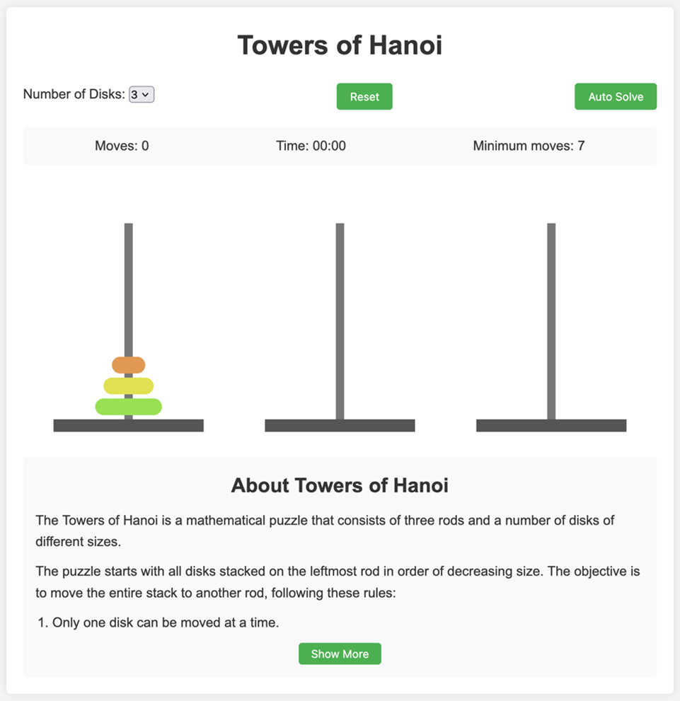 Towers of Hanoi: a game with three rings on the first of three stakes
