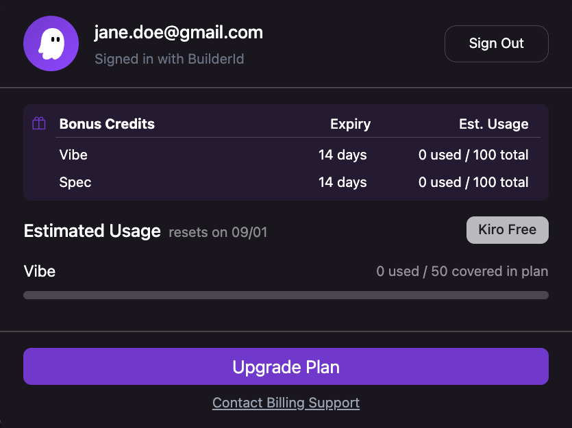 Screenshot showing bonus credits: vibe expiring in 13 days with estimated usage 19 of 100, spec expiring in 7 days with estimated usage 77 of 100. Estimated usage resets on 09/01. A meter shows Vibe 24 of 50 covered in plan. A button to Upgrade Plan and Contact Billing Support.
