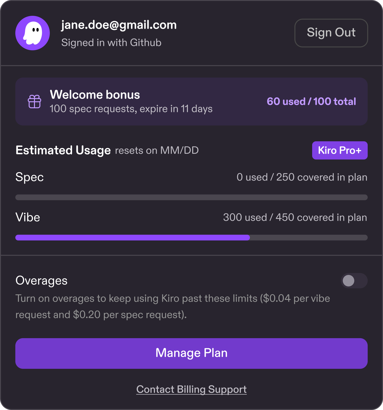 screenshot showing account name, estimated usage (with reset date), plan name, spec and vibe request counts (out of total covered by plan), and a toggle for overages