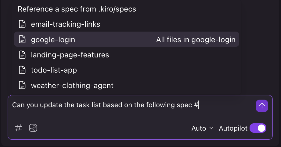 Kiro chat panel showing existing specs being used as context in the prompt input box.