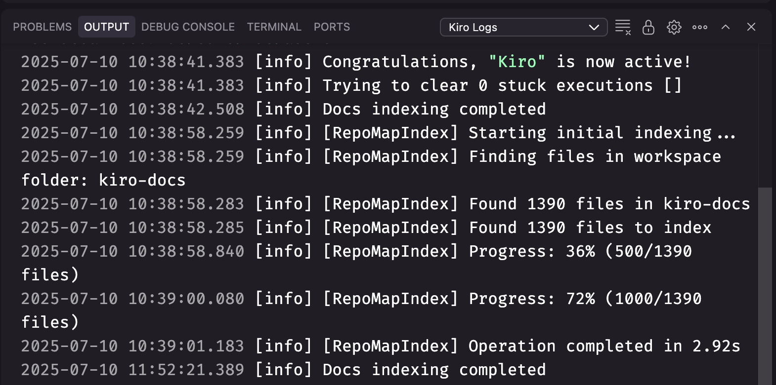 Kiro Logs showing indexing progress