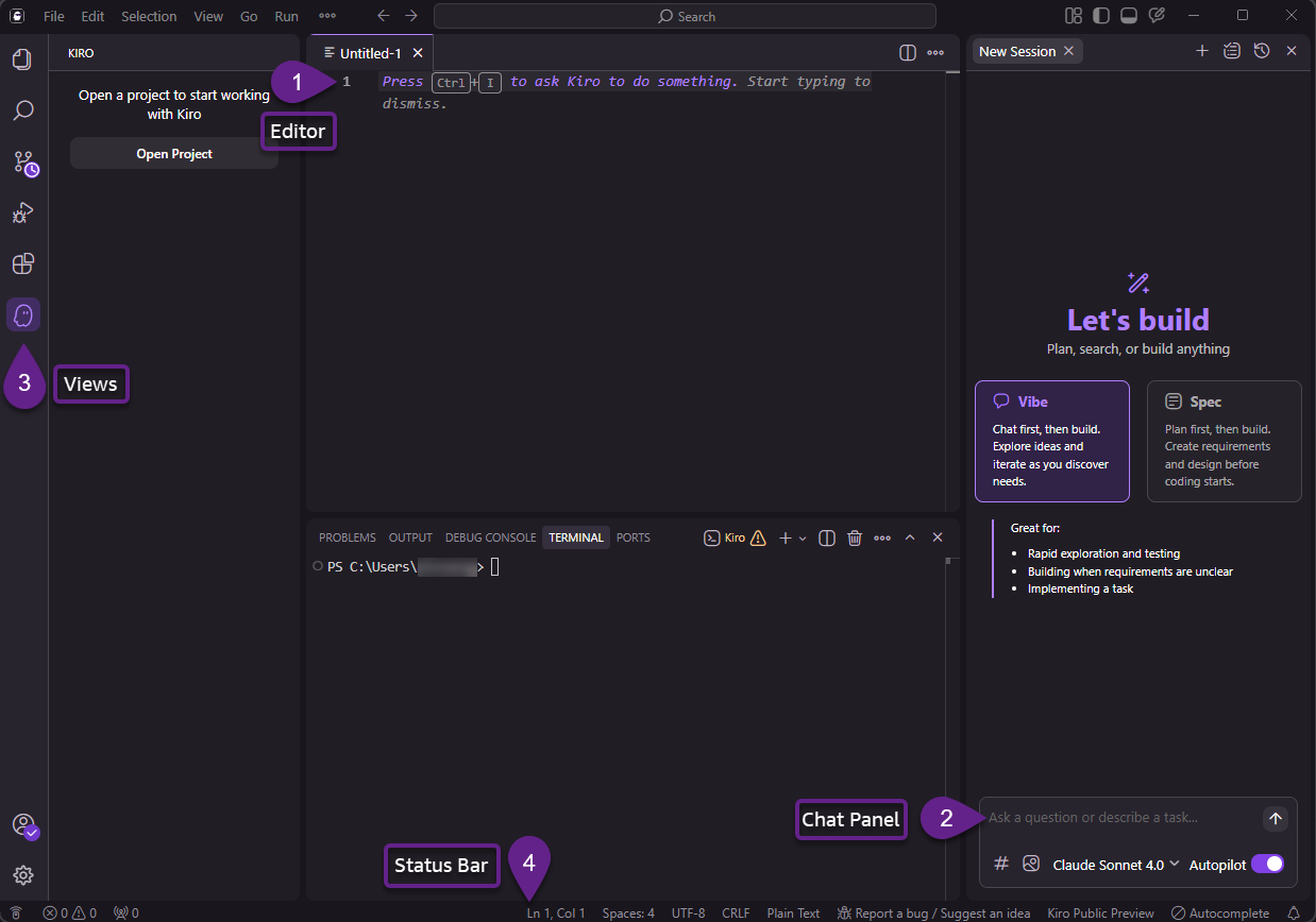 The Kiro interface labeled with numbers according to the above list of Kiro interface components.