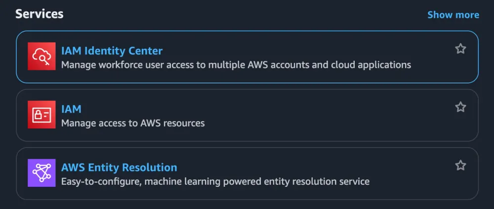IAM Identity Center in AWS Console search