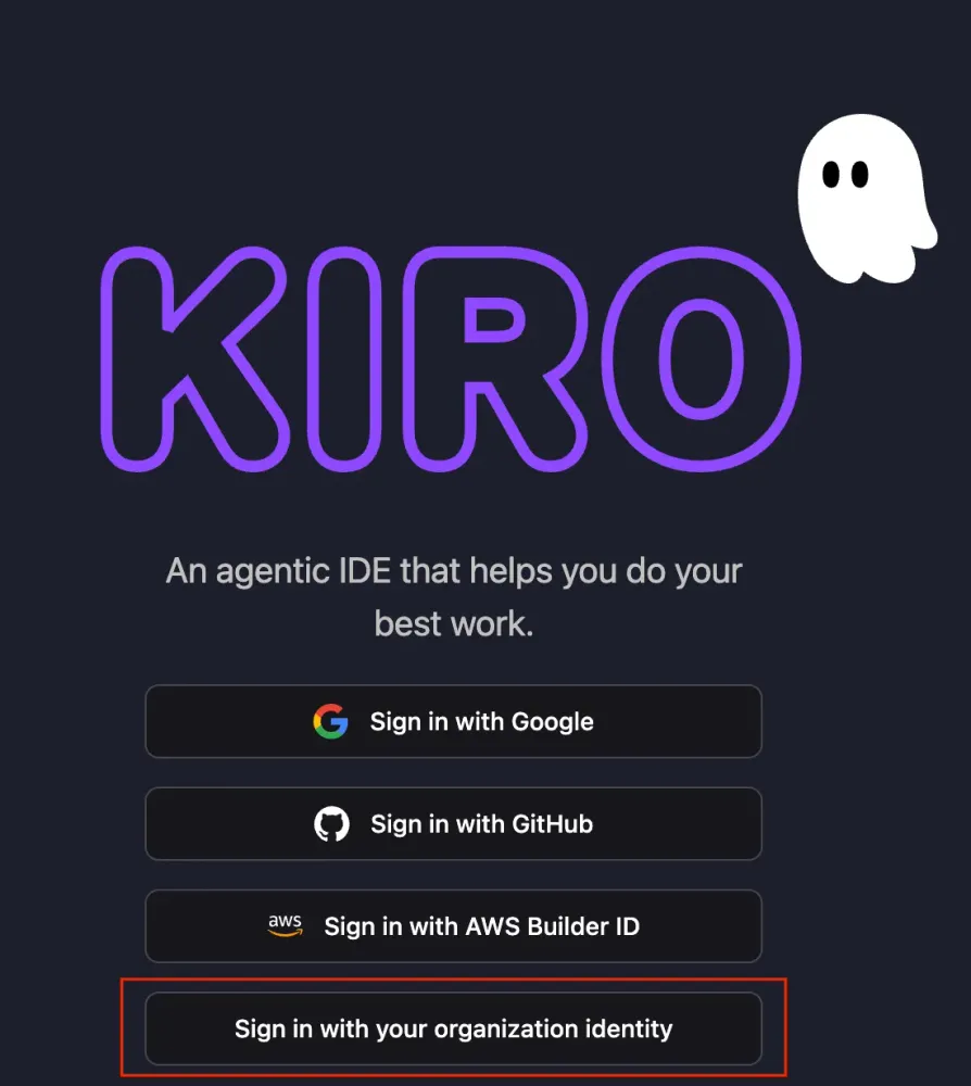 Kiro sign in with organizational identity