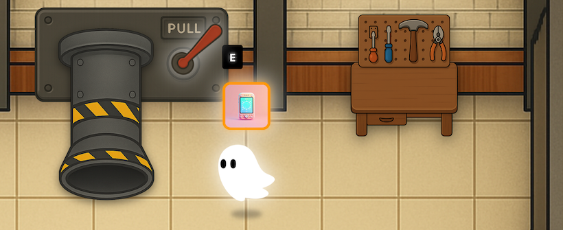A cartoon ghost stands in front of a large industrial lever labeled "PULL"
and a workbench with tools. The ghost is next to a glowing card and a prompt
showing the "E" key.
