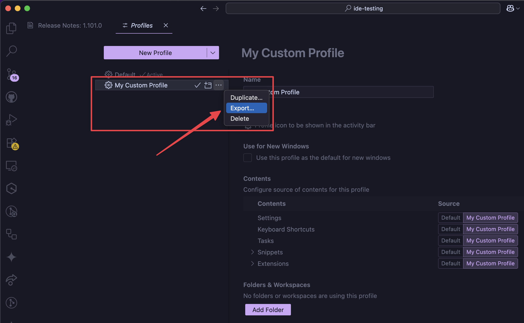 VS Code profile export interface showing the export options