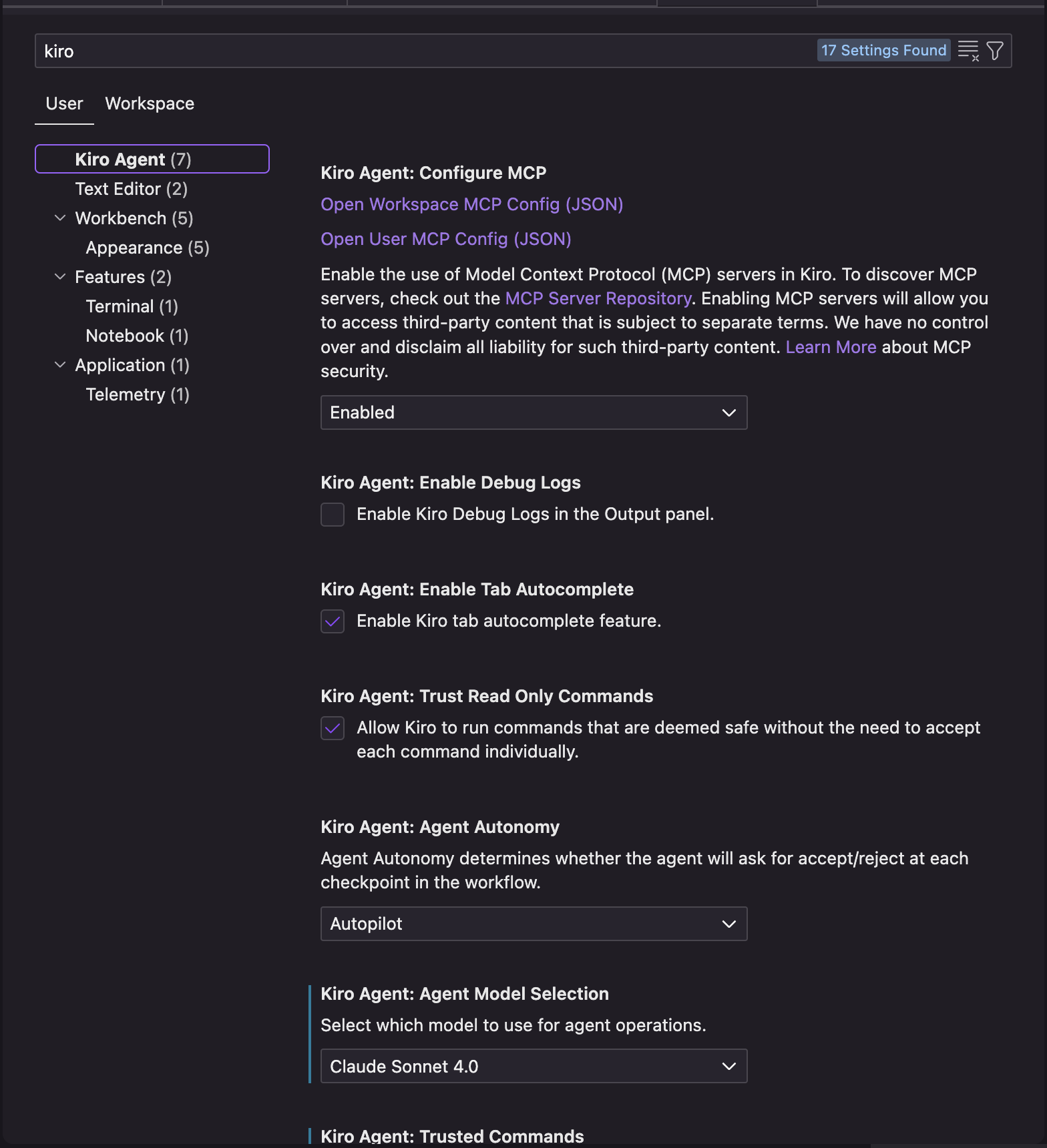 Kiro Agent settings within the VS Code settings UI